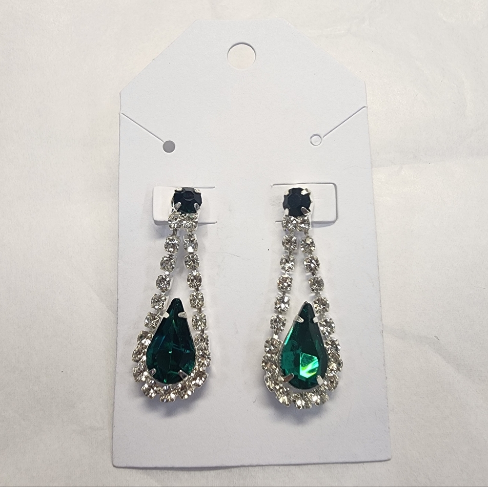 Emerald Green Teardrop Dangle Earrings Silver-Tone Rhinestone Crystal Drop